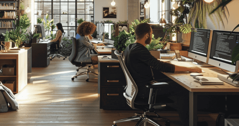 Men an women working in a modern professional office setting