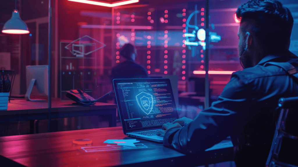 a human analyst flagging a phishing email with a shield on a laptop screen